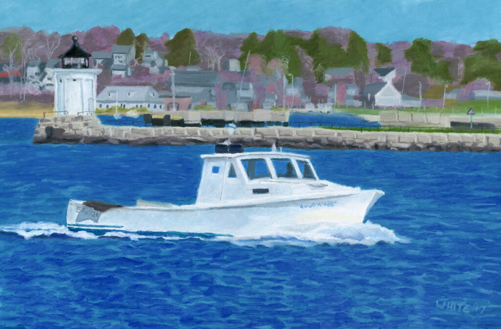 Oil pastel painting of a white lobster boat motoring past Portland Breakwater Lighthouse (Bug Light) which sits on a jetty. South Portland, Maine is visible in the background.