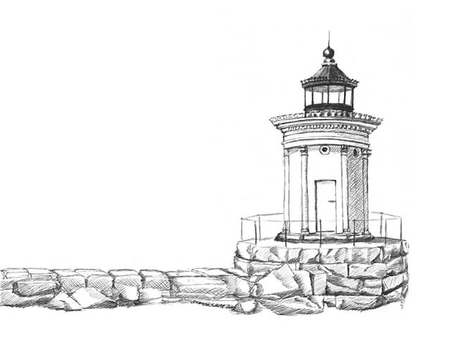 Black and white drawing of Bug Light in South Portland, ME
