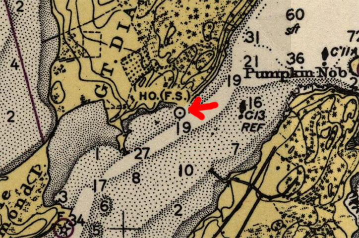 Close up of a 1942 nautical chart of Portland, Maine showing Echo Point Light as a point of interest for the first time.