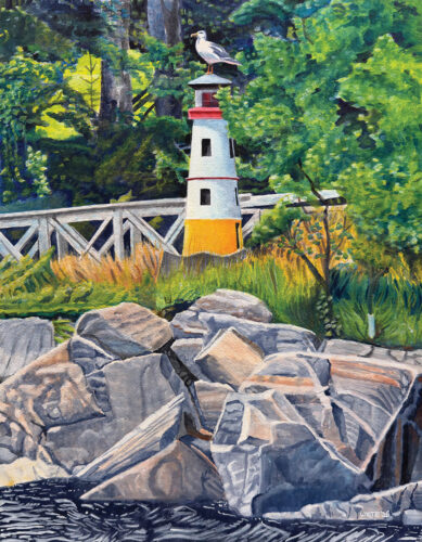 A gouache painting of six-foot tall Echo Point Lighthouse with a seagull perched on top of it. Thick greenery is behind it. The small lighthouse sits above the rocky shore of Great Diamond Island