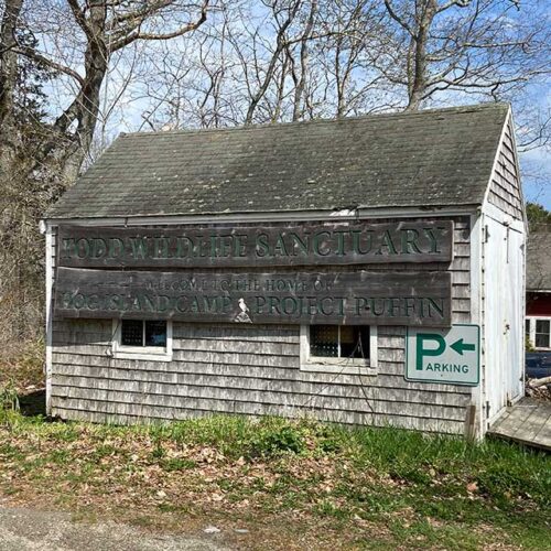 Todd Wildlife Sanctuary Sign on weathered building in Maine