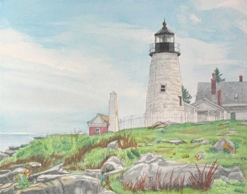 Watercolor and graphite artwork depicting Pemaquid Point Lighthouse in Briston, Maine.