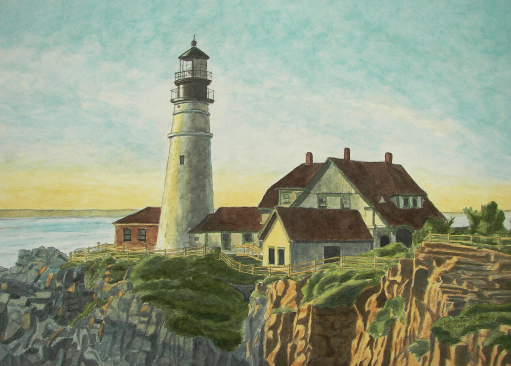 Portland Head Light at Sunrise Maine Watercolor Painting