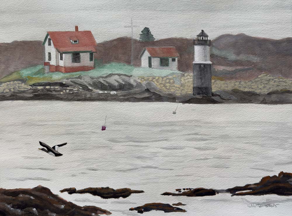 Watercolor painting of Ram Island Lighthouse viewed from Boothby, Maine