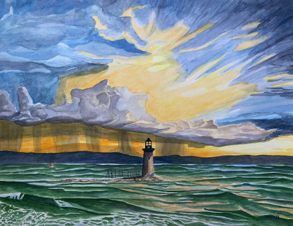 Ram Island Lighthouse watercolor painting by Dominic White