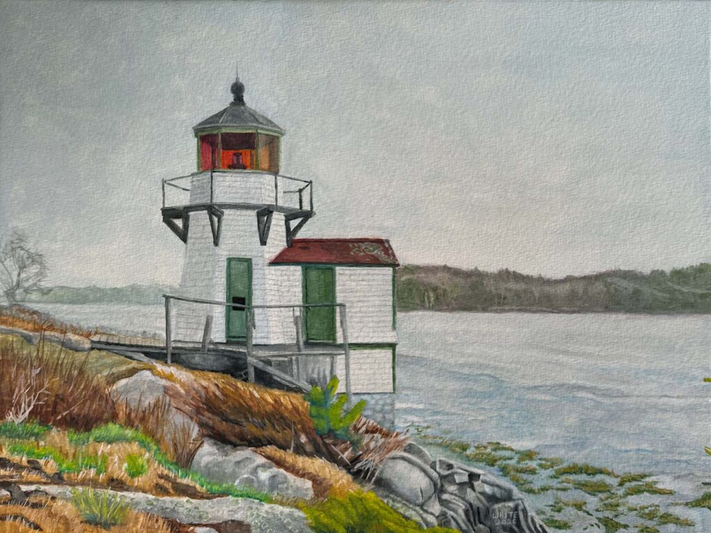Painting of Squirrel Point Light on a gray, early Spring day on the Kennebec River in Maine.