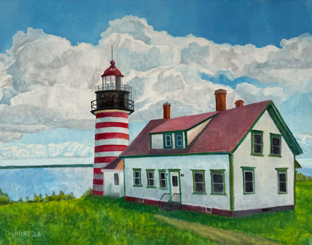 A commissioned painting of West Quoddy Lighthouse with the Light Keeper's house on a sunny day with billowing clouds in the sky.