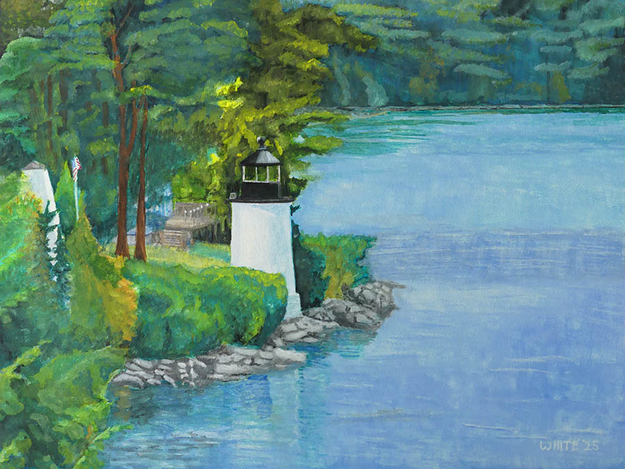 Painting of Whitlocks Mill Lighthouses in Calais, ME painted by Maine artist, Dominic White